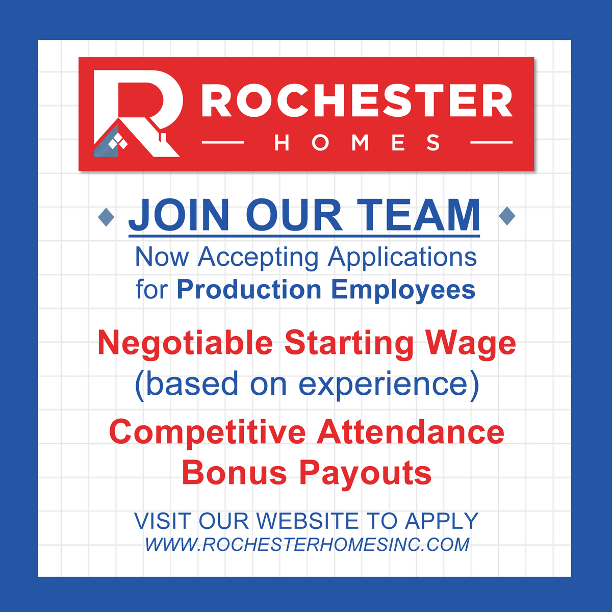 Rochester_Homes's tweet photo. We are currently accepting applications for production employees. The starting wage is negotiable based on experience. We offer competitive attendance bonus payouts.

All applications can be submitted online at https://t.co/SRfMH4s4db under the "contact us" tab. #NowHiring https://t.co/iLRTXD7PrO