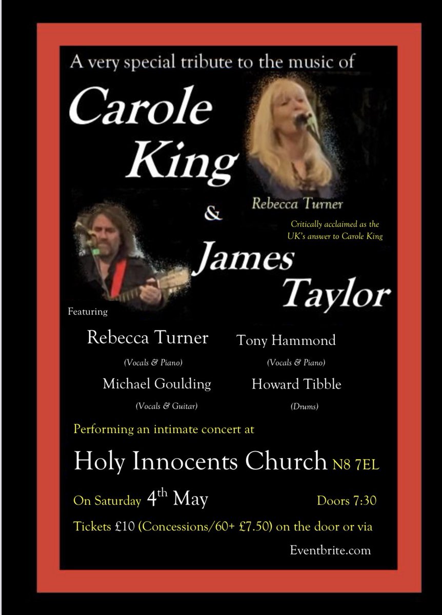 This Saturday at Holy Innocents, Crouch End N8.
Brilliant tribute to Carole King and James Taylor.
Brilliant venue.
Get tickets in advance or at door. #caroleking #jamestaylor @HolyInnocentsN8 @thechoir  @crouchendSSC @crouchendlabour 
facebook.com/events/2635182…
