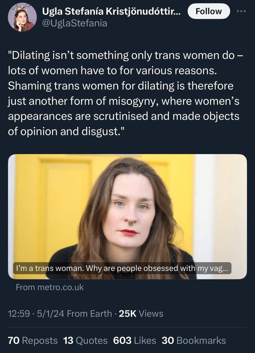 “Shaming trans women for dilating is therefore just another form of misogyny” Men can’t be victims of misogyny, and that thing you’re dilating isn’t a vagina, bro. Speaking of objects of disgust…