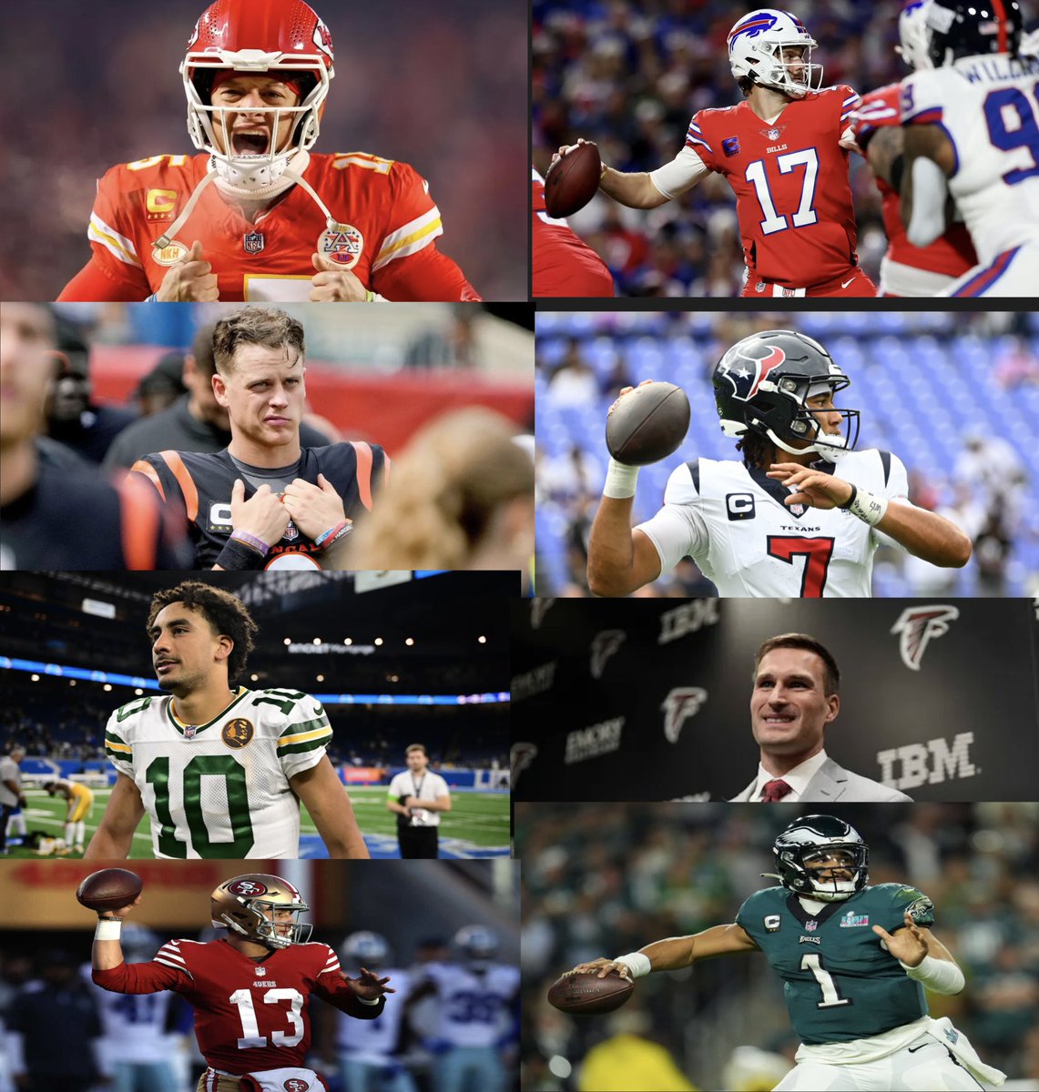 BEST QB FROM EACH #NFL DIVISION

AFC East: Josh Allen 
AFC North: Joe Burrow 
AFC West: Patrick Mahomes 
AFC South: C.J. Stroud 

NFC East: Jalen Hurts 
NFC North: Jordan Love 
NFC West: Brock Purdy
NFC South: Kirk Cousins
