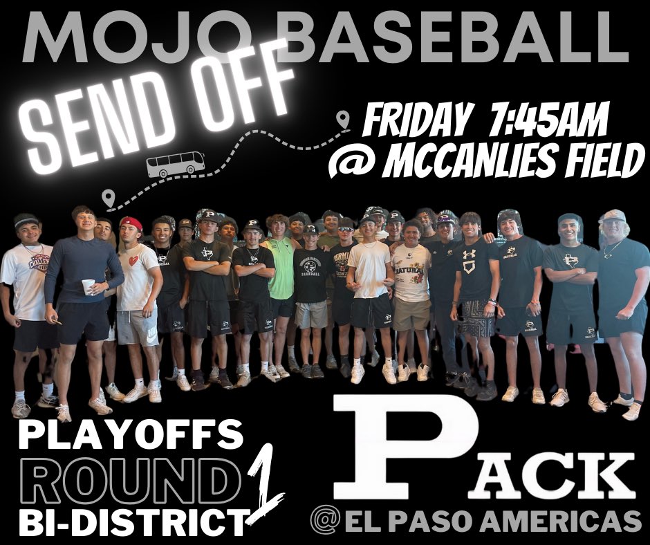 🐾🚨🐾 PLAYOFF SEND OFF 🐾🚨🐾

Come out to The Mack Friday morning to help us send <a href="/MOJO_HARDBALL/">PERMIAN BASEBALL</a> off to 📍 El Paso for Round 1️⃣ of the Texas 6-A ⚾️ Baseball PLAYOFFS! 🎉

#BiDistrict2024 #PACK #MOJO #WEme