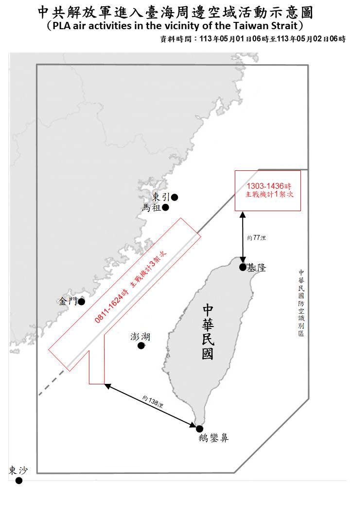 4 PLA aircraft and 4 PLAN vessels operating around Taiwan were detected up until 6 a.m. (UTC+8) today. 4 of the aircraft crossed the median line of the Taiwan Strait and entered Taiwan’s northern and SW ADIZ. #ROCArmedForces have monitored the situation and responded accordingly.
