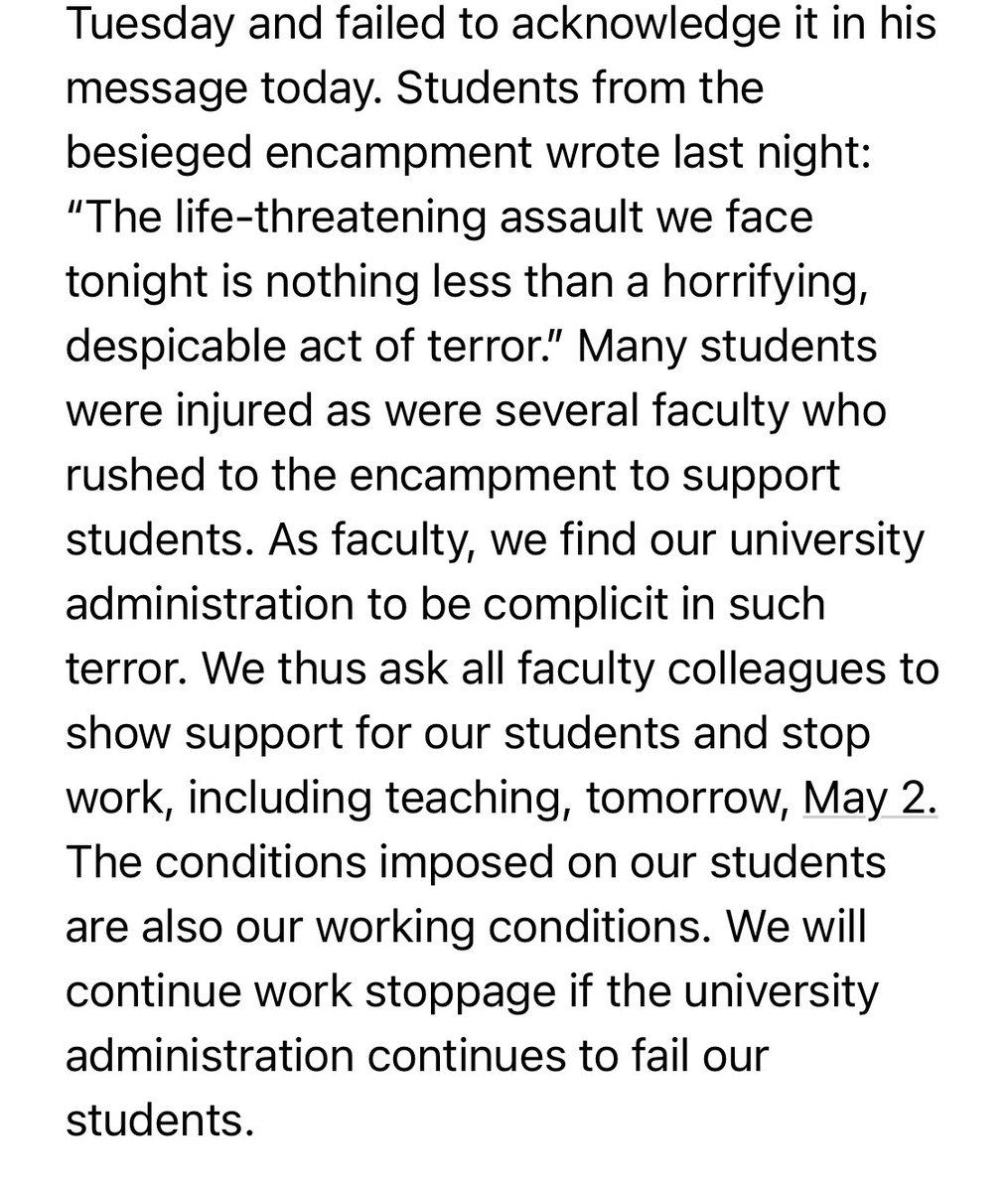 UCLA Faculty for Justice in Palestine calling on UCLA faculty to withhold their labor tomorrow, May 2, in protest of the violence inflicted on our students last night.