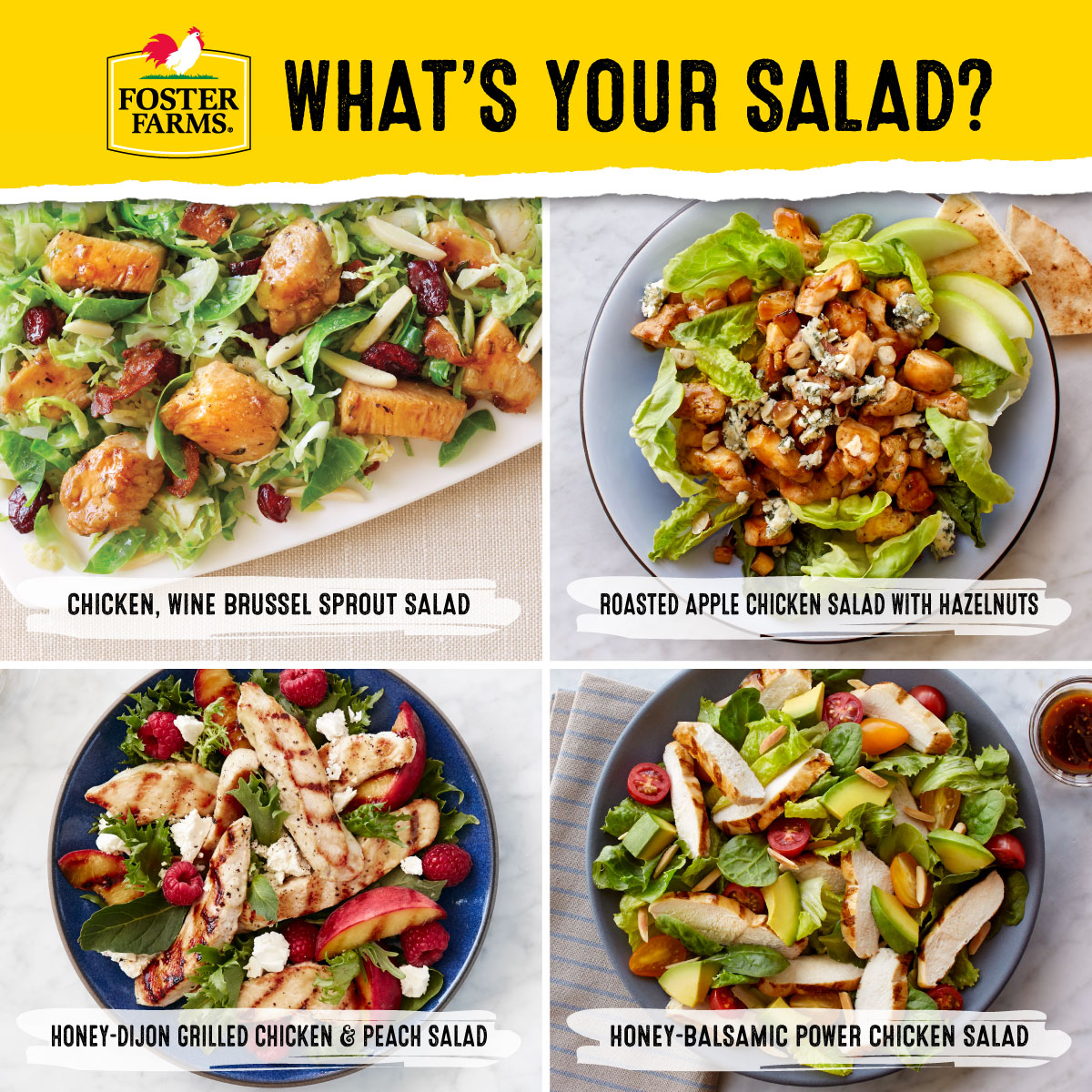 Let us know in the comments below! ⬇️ Find these delicious salad recipes on our website: bit.ly/4dmfqZi #fosterfarms #nationalsaladmonth #chicken #salads #salad #saladrecipes #lunch #lunchideas #lunchrecipes #dinner #dinnerrecipes #food #foodie #foodstagram