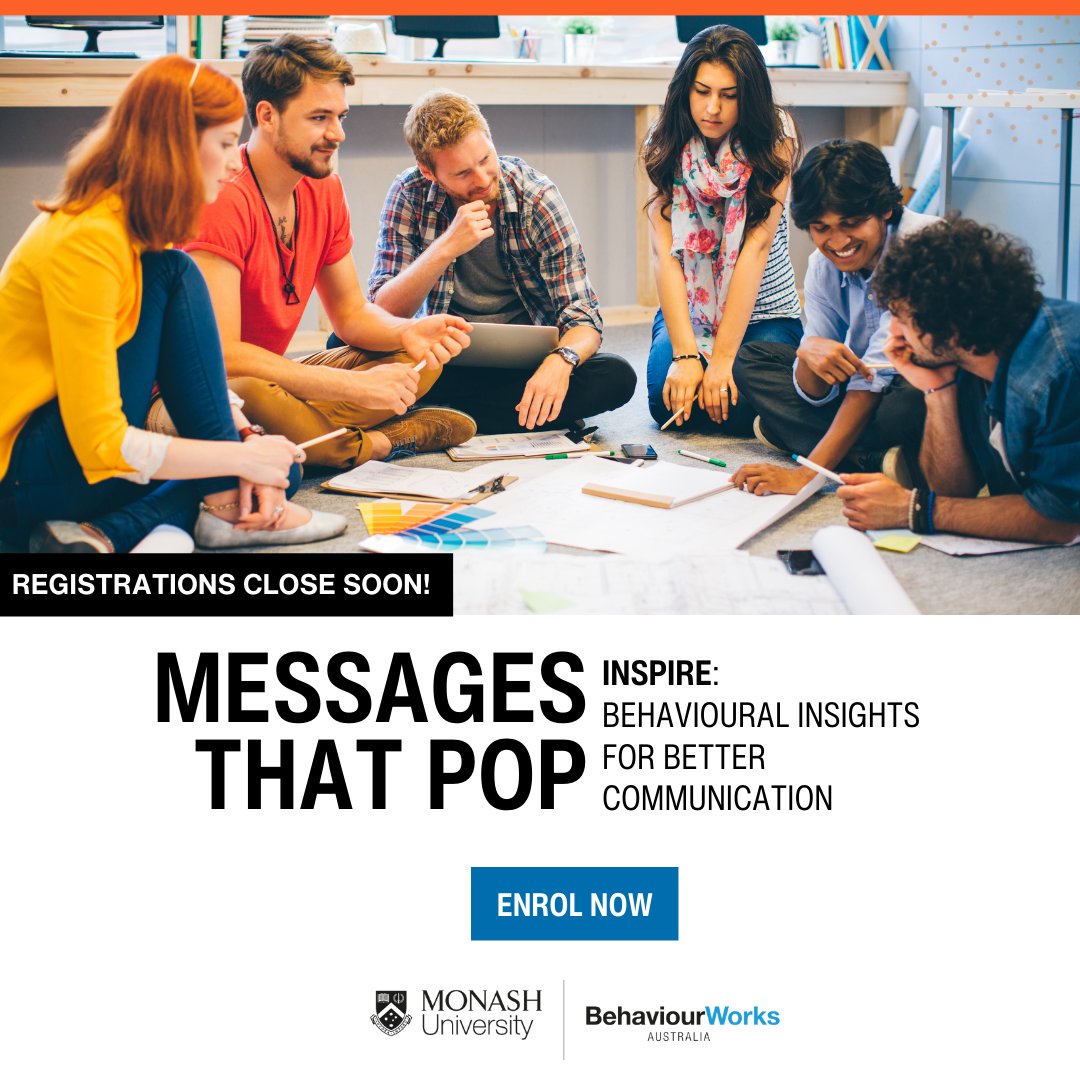 Last chance! Registrations are closing soon for INSPIRE: Behavioural Insights for Better Communication. Book your spot today: behaviourworksaustralia.org/courses/inspir… Registrations close 5 May.