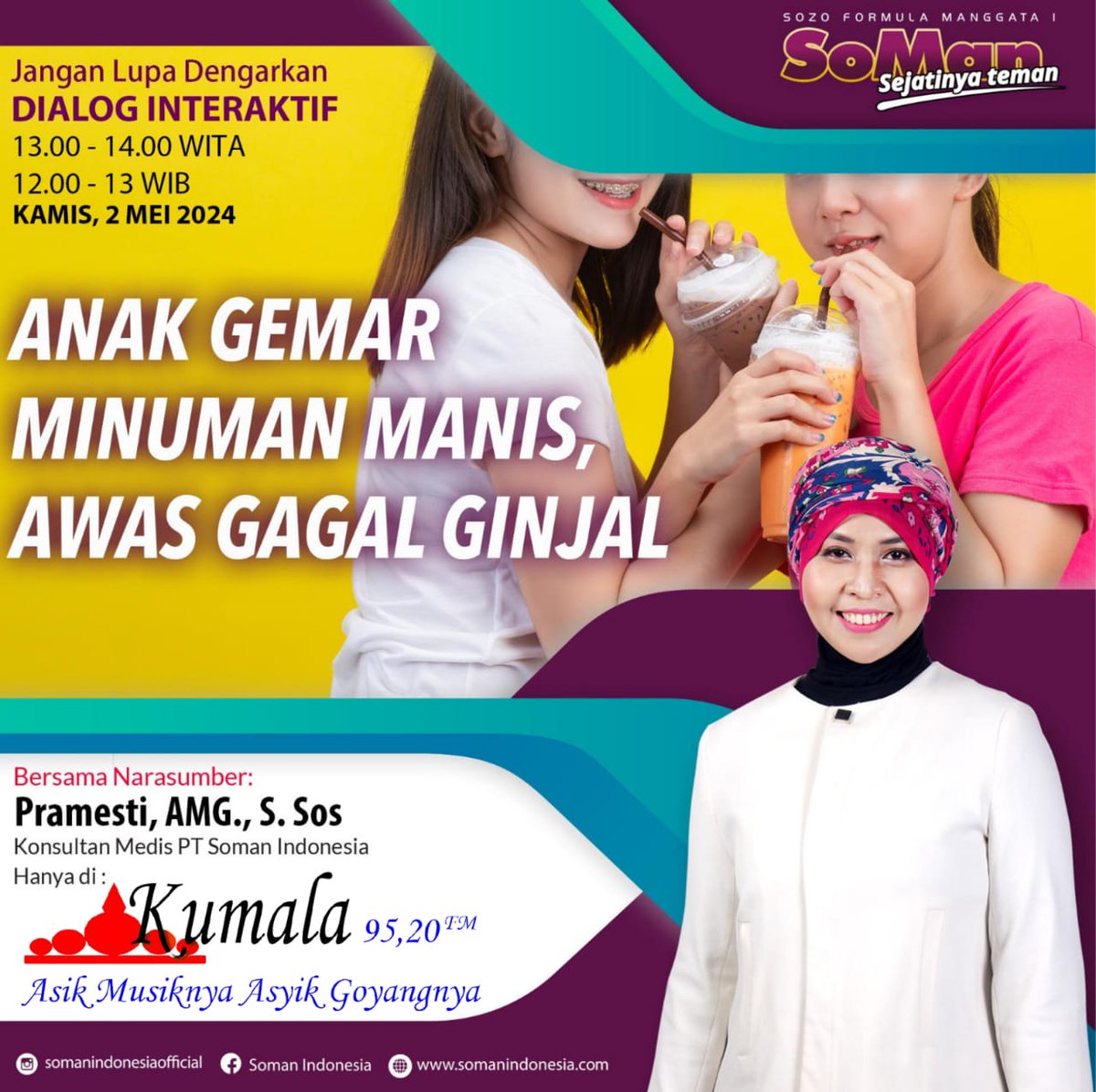 Bagi Pecinta kumala yang ingin bertanya seputar kesehatan dapat berkonsultasi bersama kami pada dialog kesehatan Herbal Tetes Soman di TLP/WA/SMS 0853 9999 0952 ikuti terus dialognya dan dapatkan solusi sehat bersama SOMAN karena SOMAN BANYAK MENOLONG TIDAK BOHONG