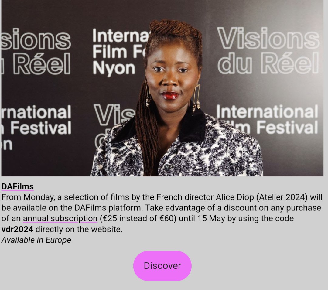 The 55th Visions du Réel (April 12-21, 2024), which dedicated its Atelier to Alice Diop, has wrapped. The festival has made a selection of Diop's films available to stream on the DAFilms platform through May 15. This is geolocked to Europe only: dafilms.com/?utm_source=Vi…