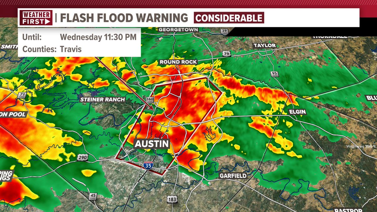 A *NEW* Flash Flood Warning is in effect for @austintexasgov and central Travis until 11:30 p.m. for 1-3' of rain have fallen and an additional 1-2' are possible. #turnarounddontdrown #ATXWx #TXWx