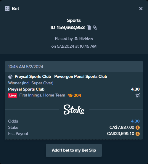 ALERT: New high roller bet posted! A bet has been placed for CA$7,837.00 on Preysal Sports Club - Powergen Penal Sports Club to win CA$33,699.10. To view this bet or copy it stake.com/sports/home?ii…