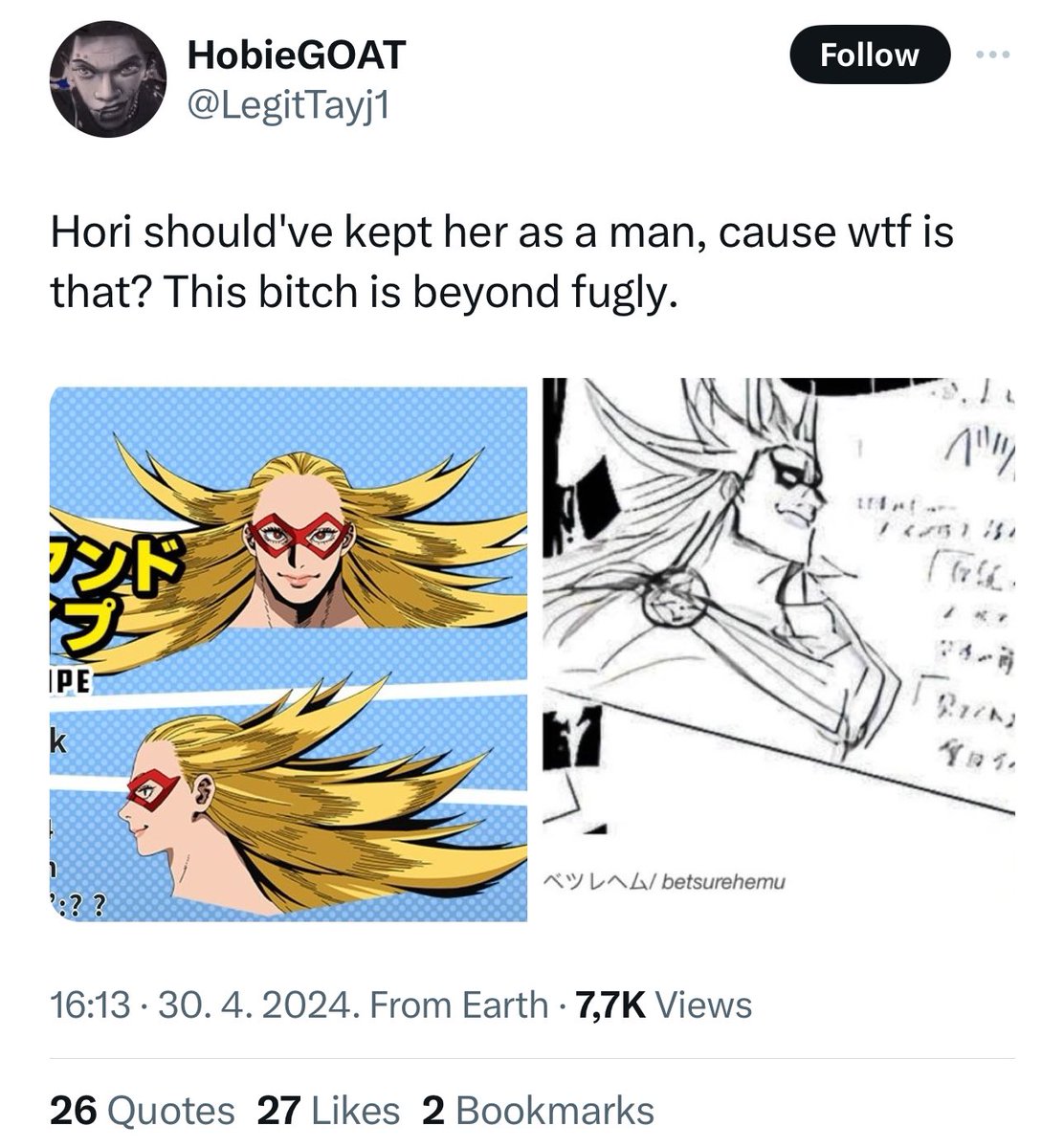 Hori: “awesome, CUTE, strong”
This incel: “beyond ugly bitch” 💀