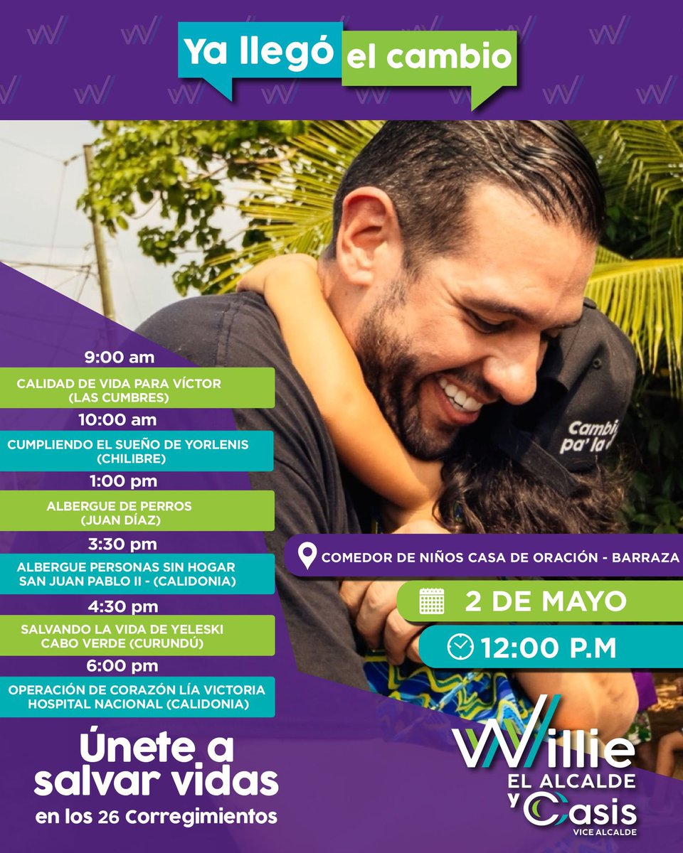 ¡Únete a salvar vidas en los 26 corregimientos! En nuestro último día de campaña más de 1,000 personas tendrán mejor calidad de vida. Seguimos cumpliendo sueños y salvando vidas.🤝 #WillieyCasis #CambioPaLaCity #williealcalde