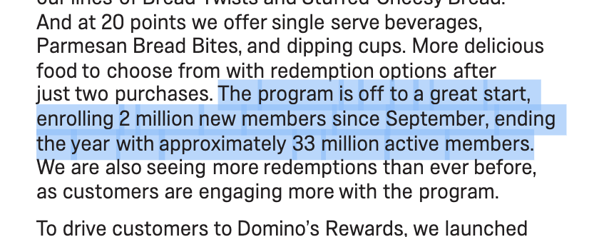 33 million people are enrolled in Domino's Pizza Rewards Program, or roughly 10% of the U.S. population