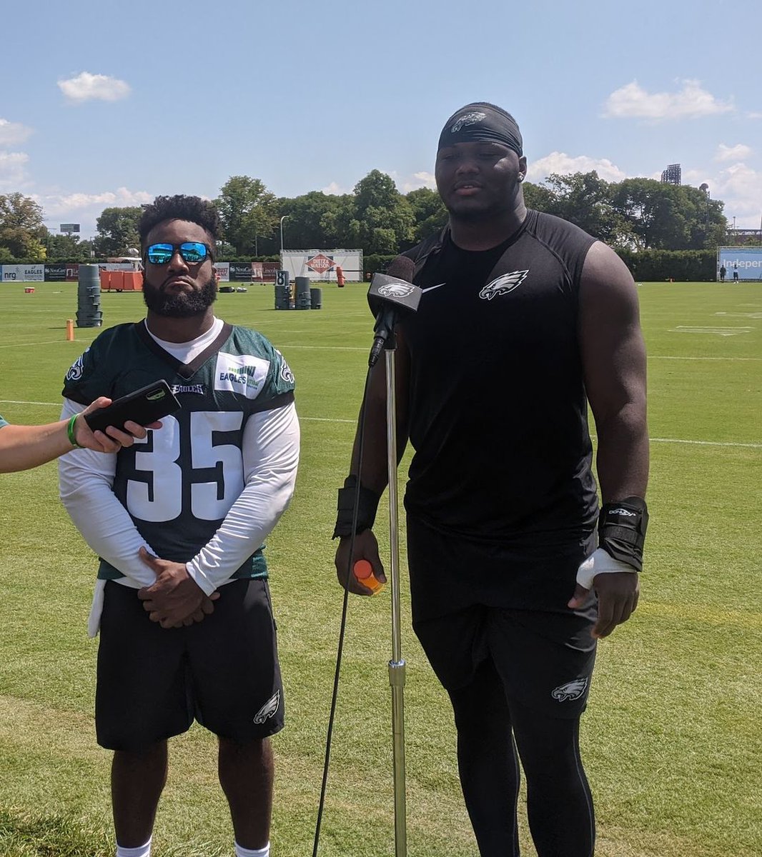 Boston Scott had this character, Security Guard Man, who would 'protect' various teammates during their interviews at training camp.

Here he's making sure nobody bothers Milton Williams.

Boston was the best. I'll miss him.