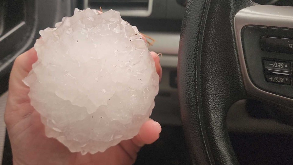 WOW! This large hailstone fell in Gove County just after 8 PM. It's around 4.5' which is close to the size of a grapefruit! Photo taken by AccuWeather/Tony Laubach. @KAKEnews