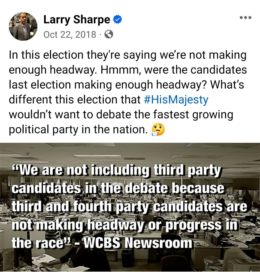 @LarrySharpe knows the third party struggle. The establishment hushes dissent at every turn then points to the rigged system as proof there is no dissent. @LibertarianLars is right. Time to #unrigthesystem