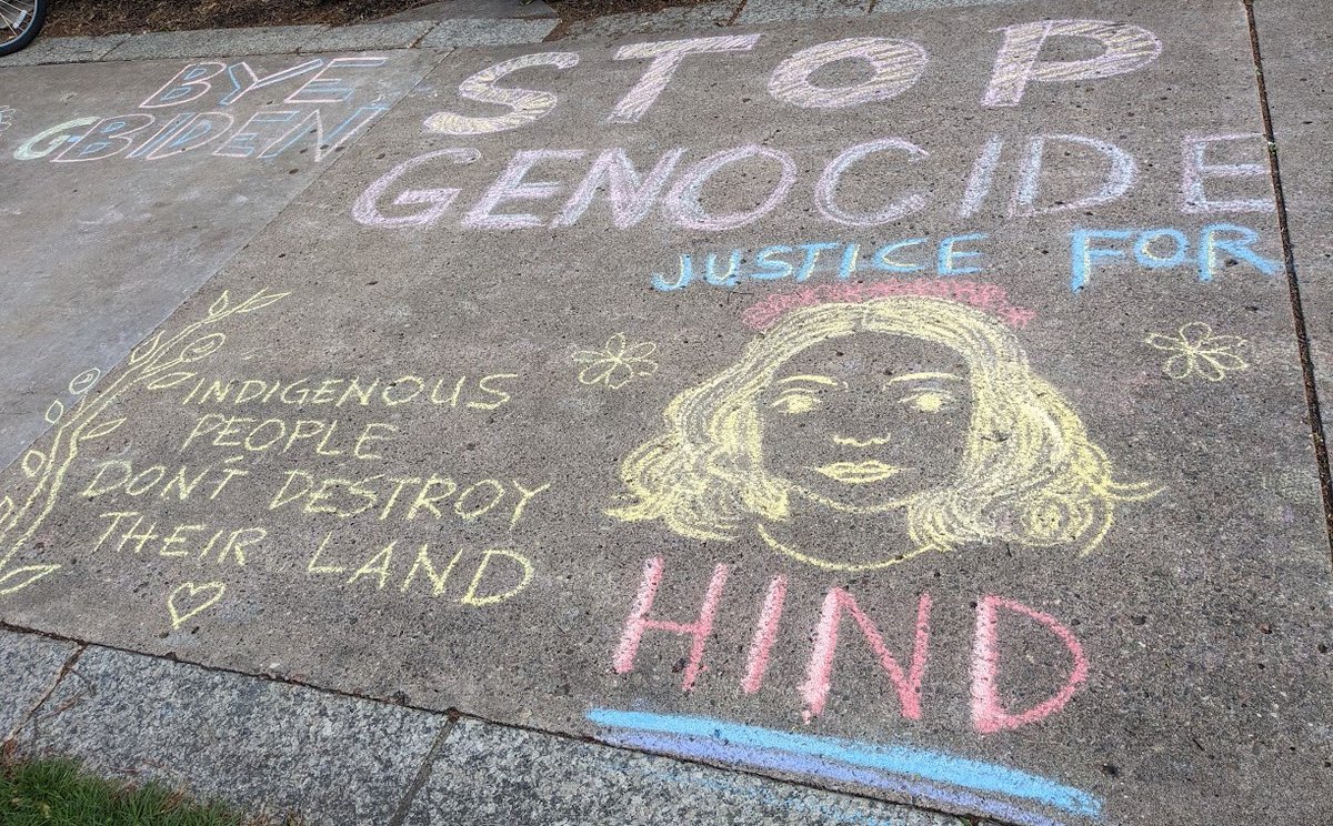 More chalk art seen at The University of Minnesota Divest and Gaza Solidarity Encampment. Minneapolis, 5-1-24.  This is in regard to the murder of 6 year old Hind Rajab by Zionist forces in Gaza. #GazaSolidarityEncampment #FreePalestine #solidarityencampment