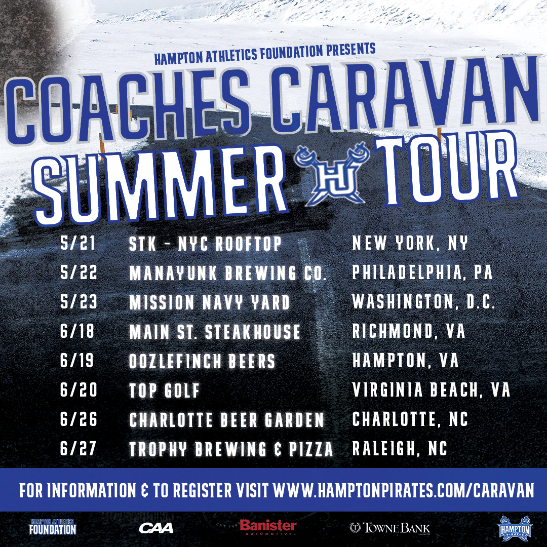 Coming to a city near you! Join us for our Summer Coaches Caravan for a chance to meet Hampton Pirate coaches and hear the visions they have for their programs! Event registration and other info at hamptonpirates.com/caravan #WeAreHamptonU