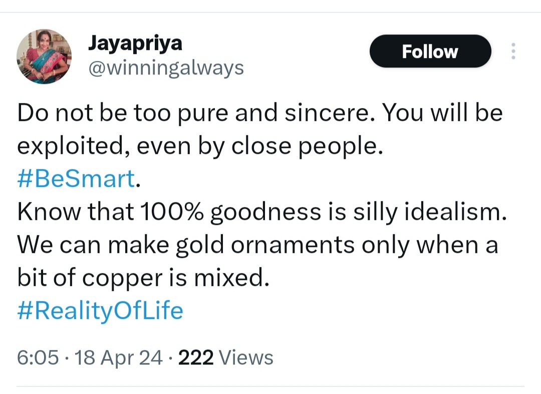 @swamilion Jayapriya is a follower of RV & Modi. A bit of copper is mixed in her motivational tweets.. Cc: @colkt @chitrapadhi @jaya_vel1