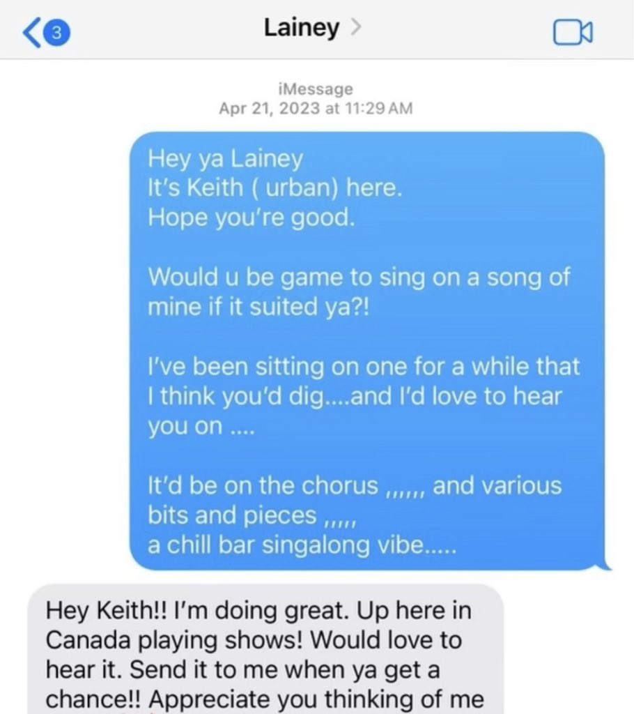 imagine getting a random text from Keith (Urban) 😳 Wanna hear their new collab? Don’t forget to tune in for a first listen of #GoHomeWithYou Friday morning on the @StormeWarren show! Which artists do you wish would text you? 🔁 : @keithurban listen.tunein.com/thebig615x