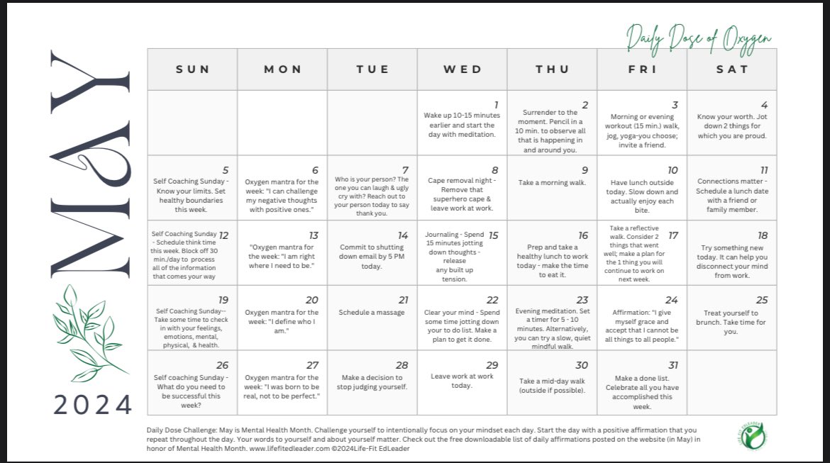 Happy May! Daily Dose of Oxygen Calendar now posted! Strengthen your wellness muscle one bite-sized step at a time! Download your free pdf  here: lifefitedleader.com/daily-dose-of-…