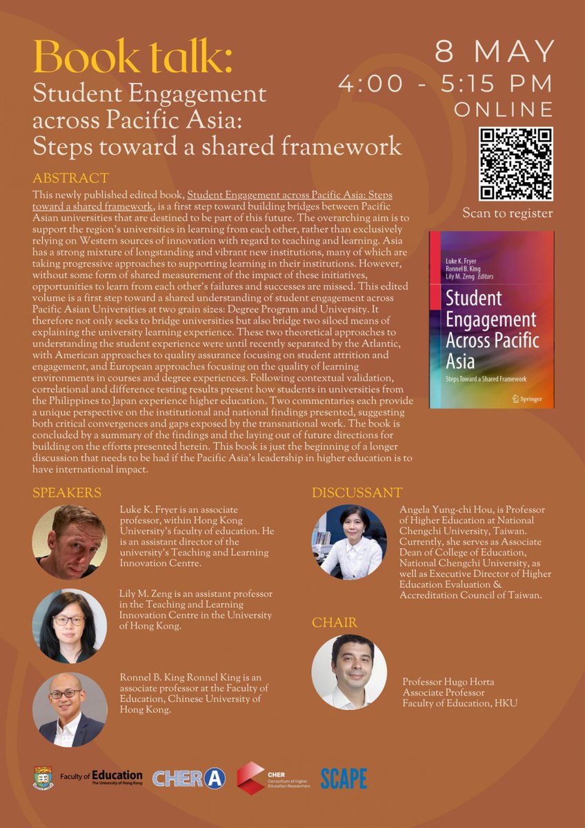 📖🌏 Prof. Luke Fryer and Prof. Lily Zeng from TALIC will highlight the key aspects of the new book Student Engagement across Pacific Asia: Steps toward a shared framework on May 8. Feel free to extend the invitation.🤝 #TALIC_ExternalEvent #HKU HKU CHERA @HkuScape