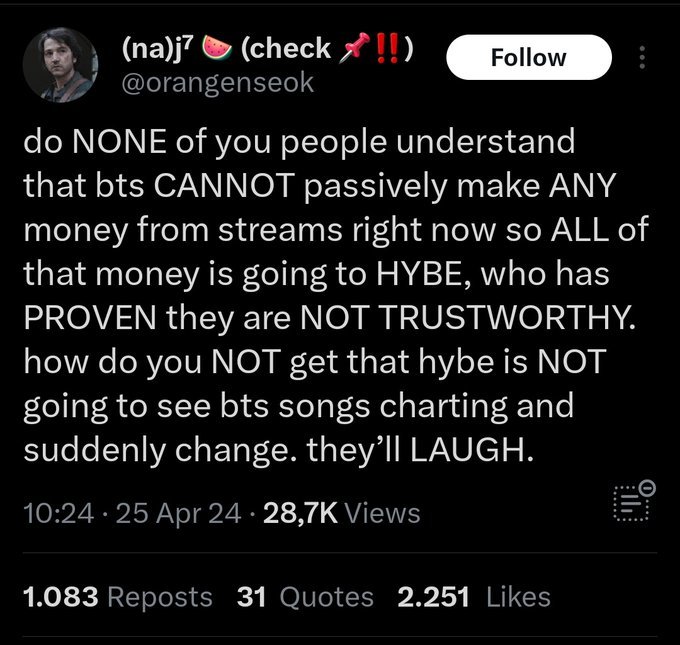 Boycottmys know they can't lure ARMY to their side using their twisted performative nonsense. So another tactic they try to use is outright lies about 'the company' hoping to manipulate you with hate, victimizing grown intelligent men. Even at this critical time.
SOLOS ARE ANTIS