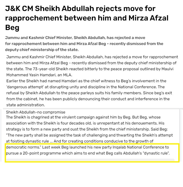 Who was 1st person to raise flag against dynastic rule of #SheikhAbdullah? @BJP4India.No. Before BJP was born as a political party long term very close associate & his deputy #MirzAfzalBeg did it in late 70's soon after inking Beg-Parthasarthy Accord. have a look  to know Truth