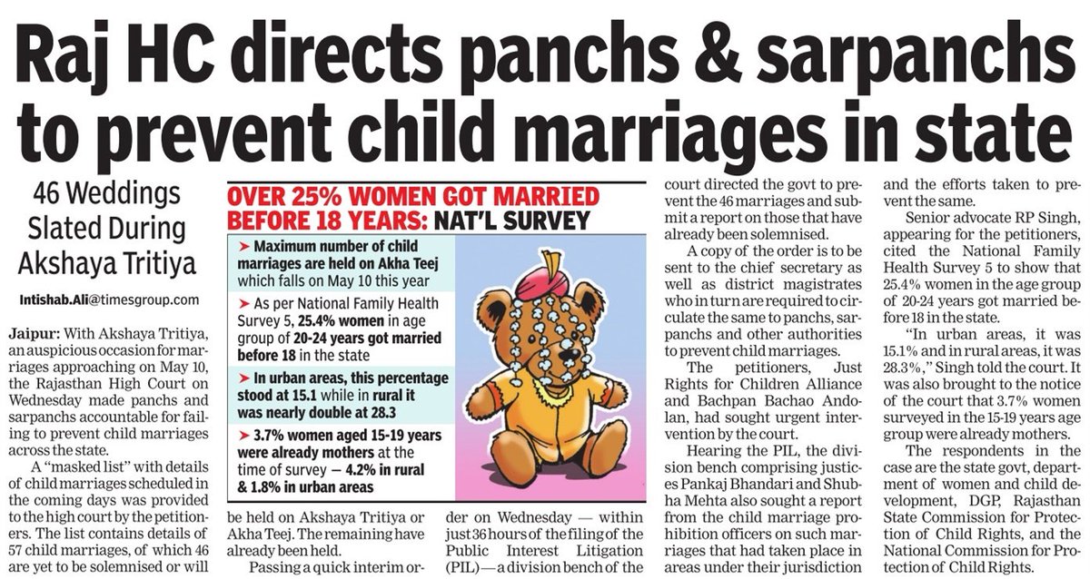 46 child marriages scheduled around Akshaya Tritiya in Rajasthan this year... High Court now puts the onus on sarpanch and panch to prevent these in rural areas..