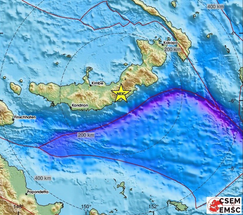 The #earthquake with magnitude 5.9 has happened on the island of New Britain (#PapuaNewGuinea). The origin was located at the depth of 29 km. The epicenter was located 103 km from Kimbe. Underground tremors were felt in many areas of the island of #NewBritain.