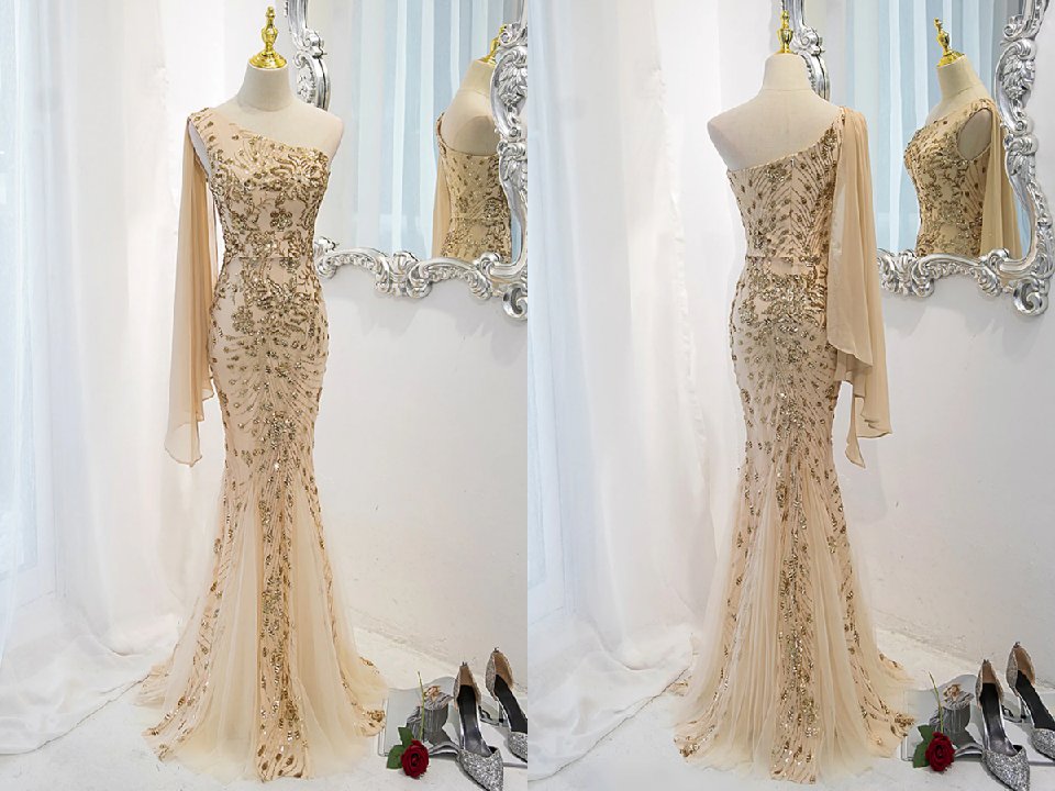 Champagne Mermaid Long Party Dress, Champagne Sequins Prom Dress