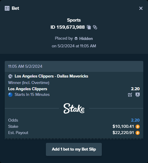 ALERT: New high roller bet posted! A bet has been placed for $10,100.41 on LA Clippers - Dallas Mavericks to win $22,220.91. To view this bet or copy it stake.com/sports/home?ii…