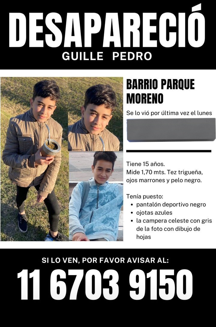 Ayudemos en esta búsqueda! Guille Pedro está desaparecido desde el 29/04. Fue visto por última vez en Barrio Pque, Paso del Rey Partido de #MORENO #URGENTE Gracias por dar RT!