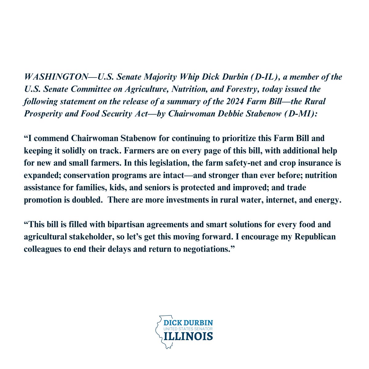 My statement following the release of a summary of the 2024 Farm Bill—the Rural Prosperity and Food Security Act—by Chairwoman Stabenow: