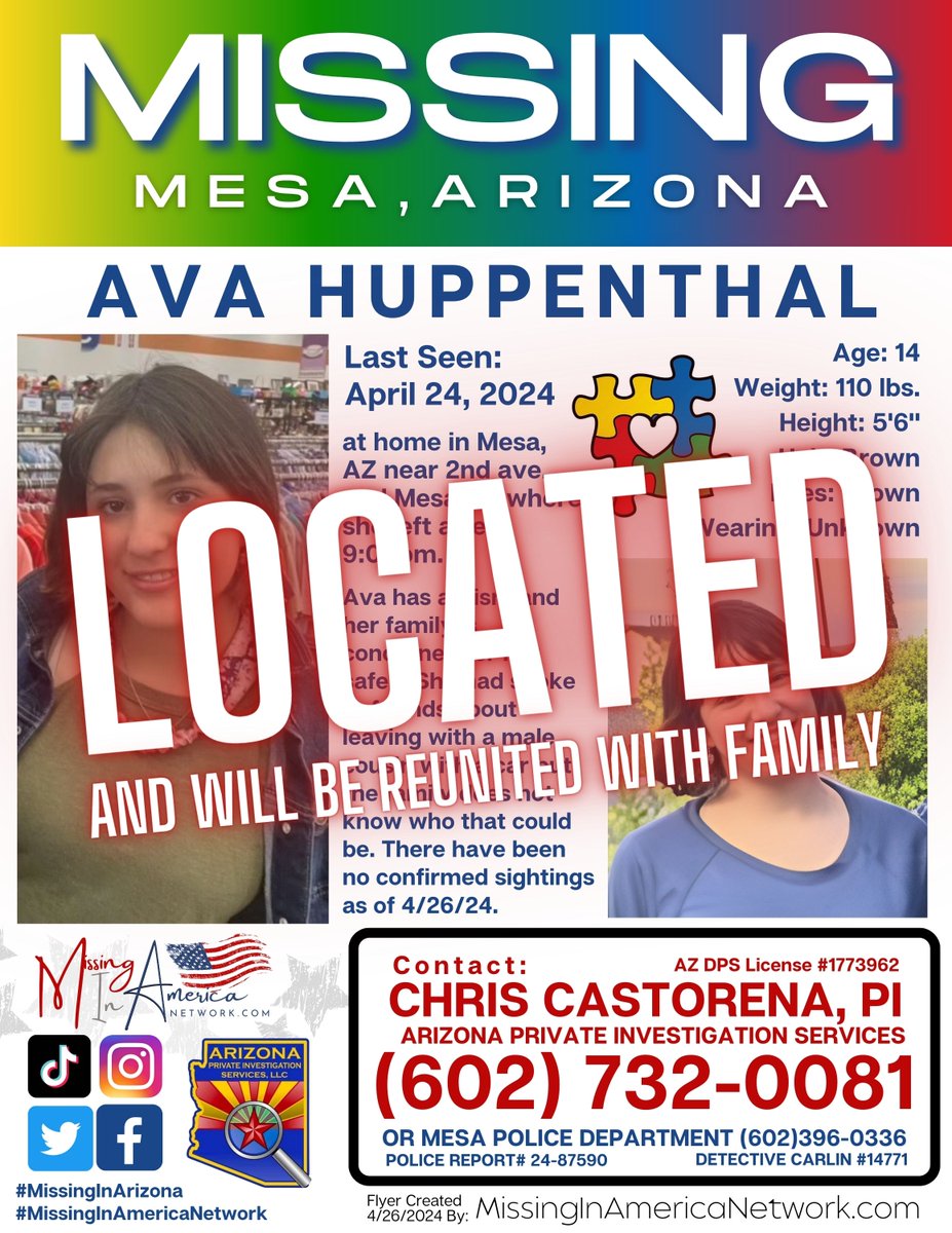 UPDATE: Ava has been located today and will be reunited with her family. #MissingInAmericaNetwork 🇺🇸 #MissingInArizona