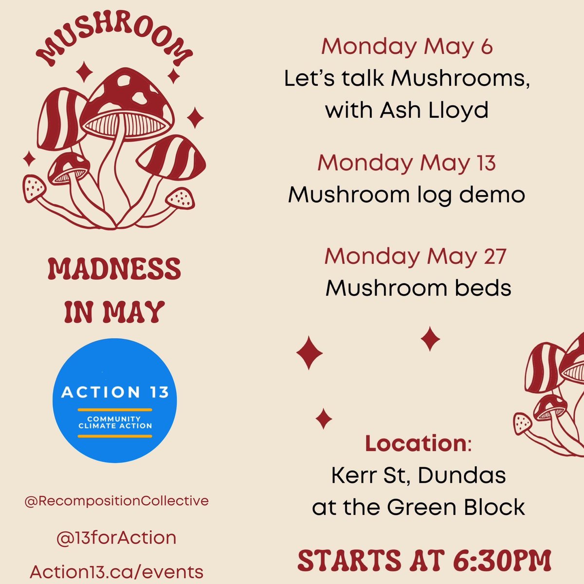 Join us on Monday evenings in May for “Mushroom Madness”. Learn about creating mushroom beds and growing 🍄‍🟫 on logs. Mushroom kit orders also available.