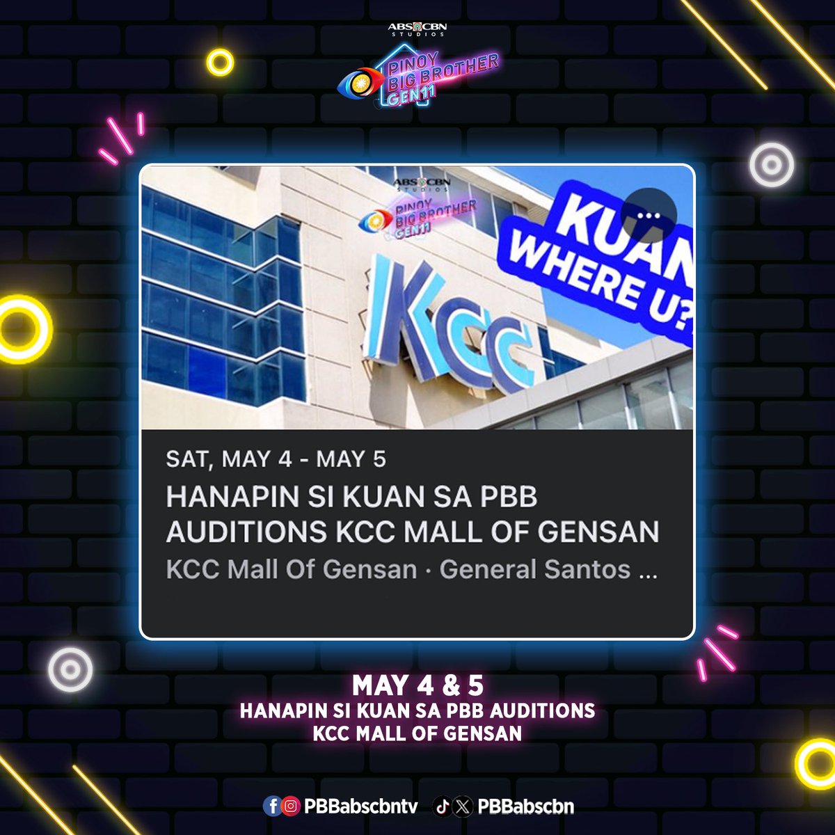 Andam na ba mo pangitaon si kuan sa GenSan? 😊🙌🏻 GenSan, here we go! 👏🏻 Kitakits sa KCC Mall of GenSan ngayong May 4&5 para sa auditions! Huwag kalimutang hanapin si kuan! 😉 Gates open at 8AM #PBBGen11 #PBB11HousemateAko #PBBGen11Auditions