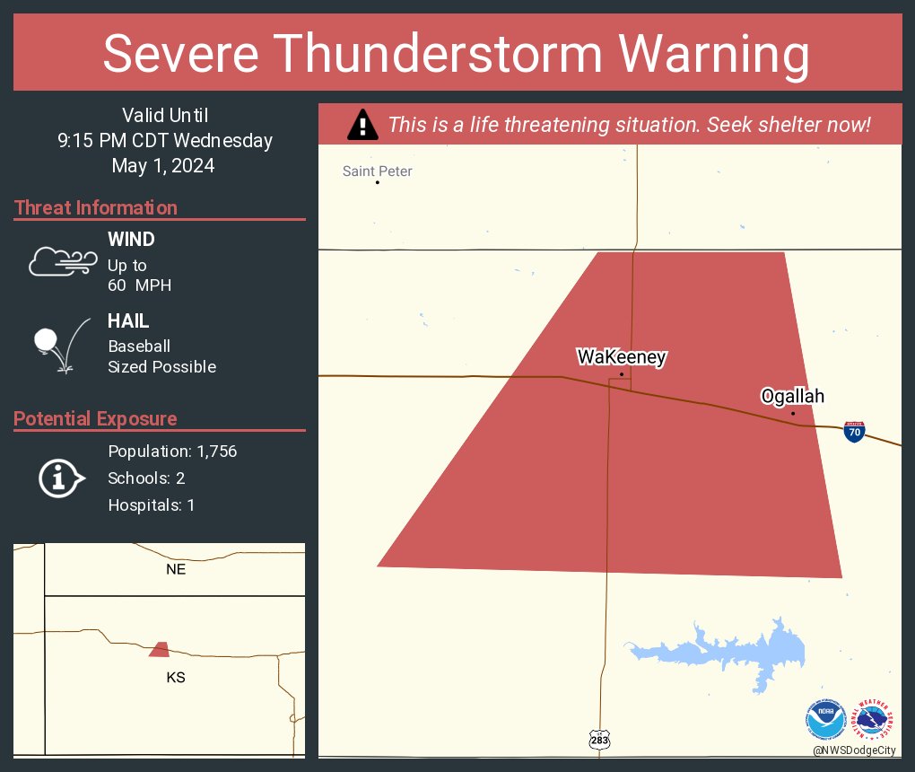Severe Thunderstorm Warning continues for WaKeeney KS and Ogallah KS until 9:15 PM CDT. This destructive storm will contain baseball sized hail!