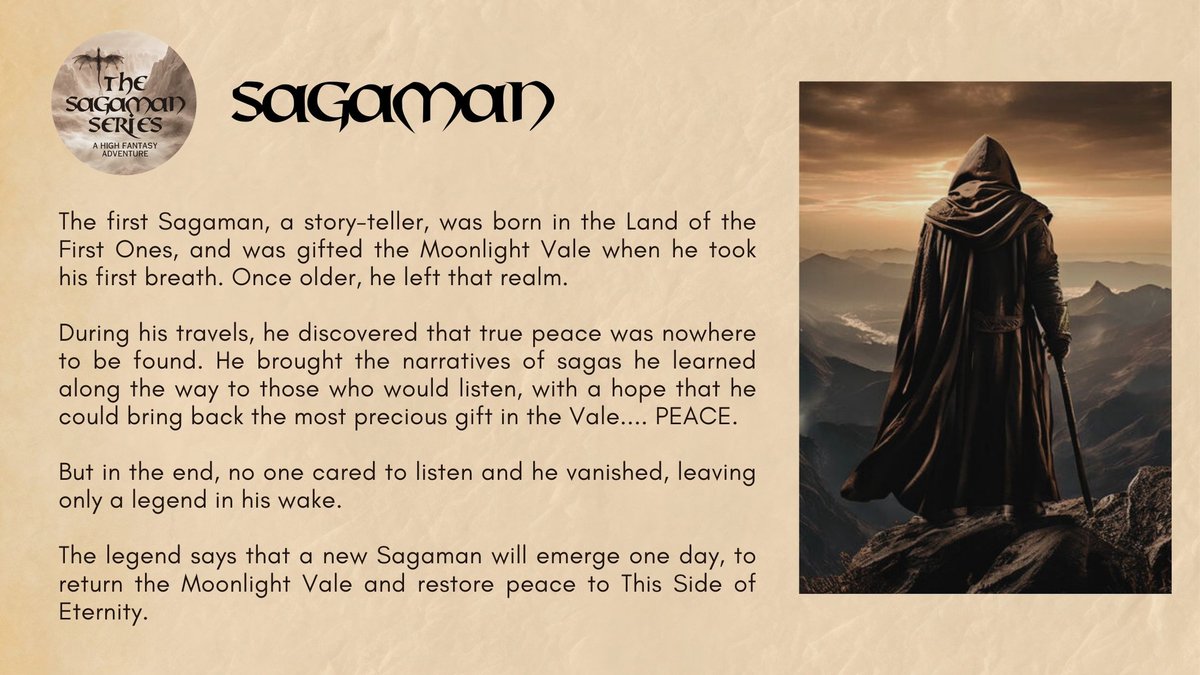 ⚔️ THE SAGAMAN
A sagaman is one who tells the sagas of lives lived and lost.
He bears the Moonlight Vale whose greatest gift within it, is the gift of PEACE.
mybook.to/sagamanseriesp… 
Start reading for #99cents
#sagamanseries #fantasy #adventure #mustread
#highfantasy #IARTG