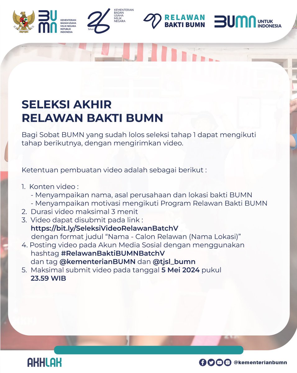 Selamat untuk #SobatBUMN yang lolos untuk melanjutkan ke tahap berikutnya yaa 

#RelawanBaktiBUMNBatchV
#BUMNuntukIndonesia
#26TahunKementerianBUMN