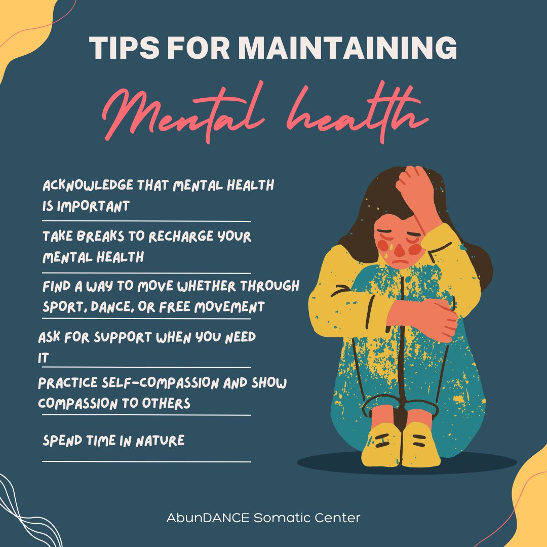 In honor of Mental Health Awareness Month, here are a few tips for maintaining your mental health.

 #abundancesomaticcenter #mentalhealth #mentalhealthawareness #mentalhealthmatters #mentalhealthadvocacy #mentalhealthadvocate #inspiration #mentalhealthawarenessmonth