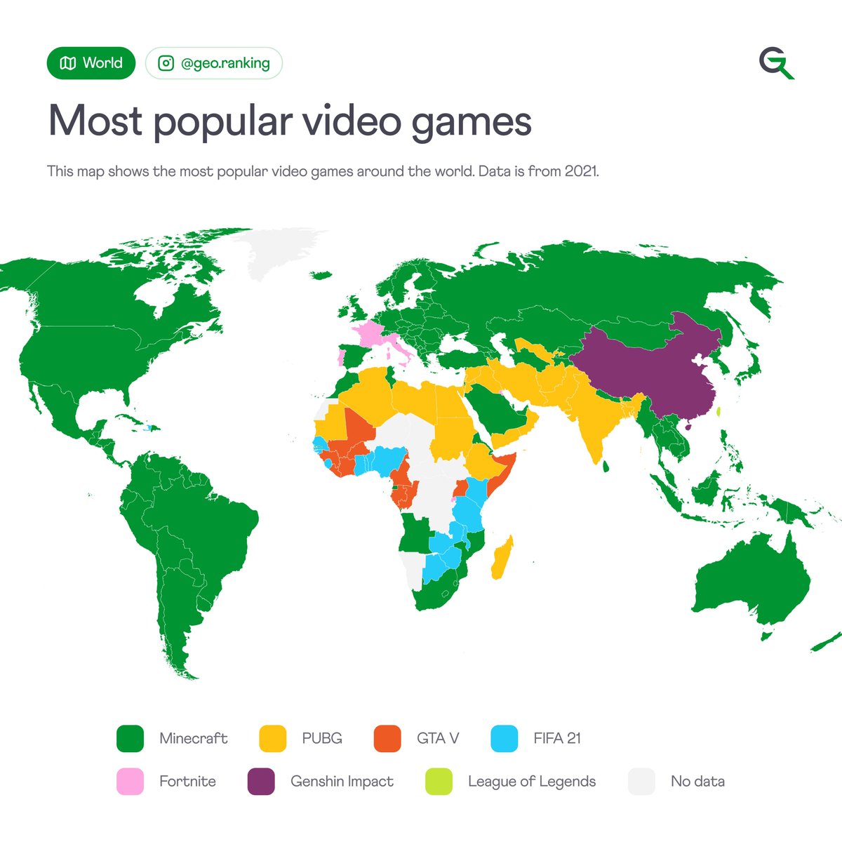 This map shows the most popular video games around the world. Data is from 2021. (Instagram: @geo.ranking, Source: Diamond Lobby) | r/MapPorn reddit.com/r/MapPorn/comm… #curiosidadescartograficas *Siga a página Curiosidades Cartográficas no Instagram em instagram.com/curiosidadesca…