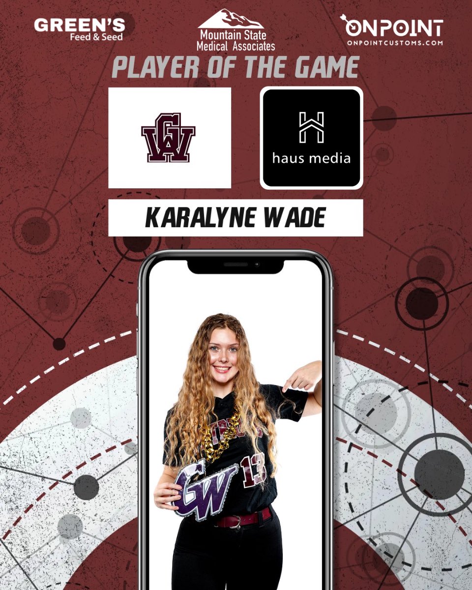 @haus_media Player of the Game goes to @AthleticsGwhs Softball’s @KaralyneWade who went 2-3, with 2 RBI’s, and 1 run scored to help the Lady Patriots defeat St. Albans 3-2‼️🥎🔥 Presented by: Mountain State Medical Associates, Green’s Feed & Seed, OnPoint Custom