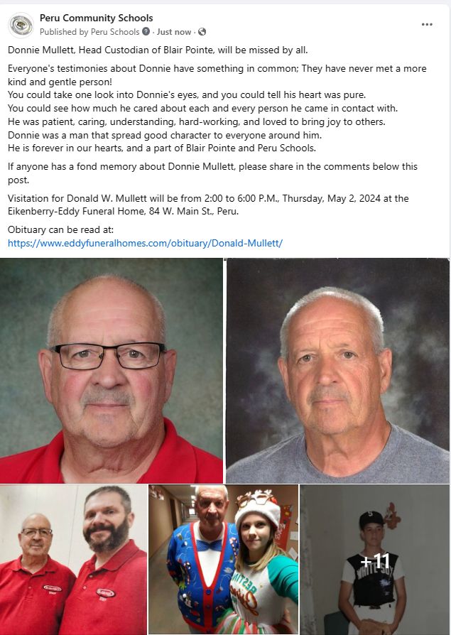 Donnie Mullett, Head Custodian of Blair Pointe, will be missed by all. 

Full Story:
facebook.com/PeruSchools/po… 

Obituary: 
eddyfuneralhomes.com/obituary/Donal…