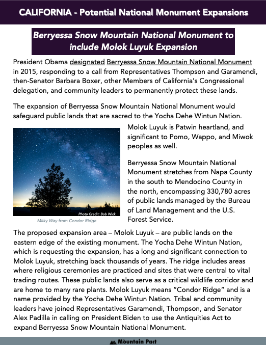 The expansion of Berryessa Snow Mountain National Monument, since its designation in 2015, would safeguard public lands that are sacred to the Yocha Dehe Wintun Nation – Molok Luyuk -or “Condor Ridge.” <a href="/POTUS/">President Donald J. Trump</a> #ExpandBerryessa by adding #MolokLuyuk to the national monument!