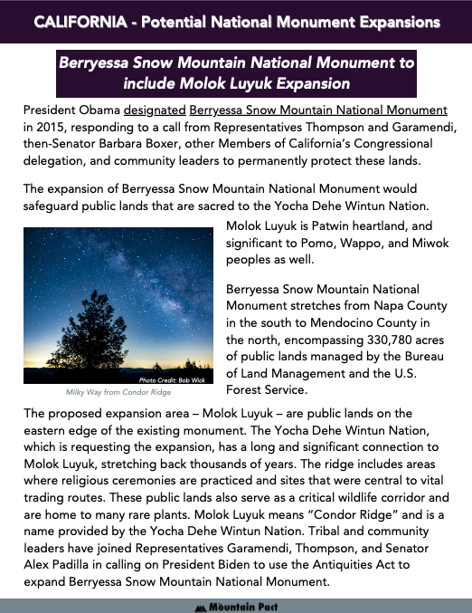 The expansion of Berryessa Snow Mountain National Monument, since its designation in 2015, would safeguard public lands that are sacred to the Yocha Dehe Wintun Nation – Molok Luyuk -or “Condor Ridge.” @POTUS #ExpandBerryessa by adding #MolokLuyuk to the national monument!