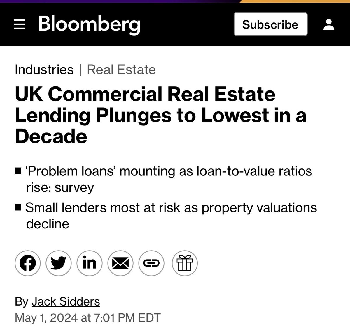 Commercial real estate exposure is a big problem in the UK too.

'The  ($40 billion) of new lending was the lowest figure recorded since 2013, according to a report based on a survey of lenders by Bayes Business School. The volume of problem loans is also mounting as real estate…