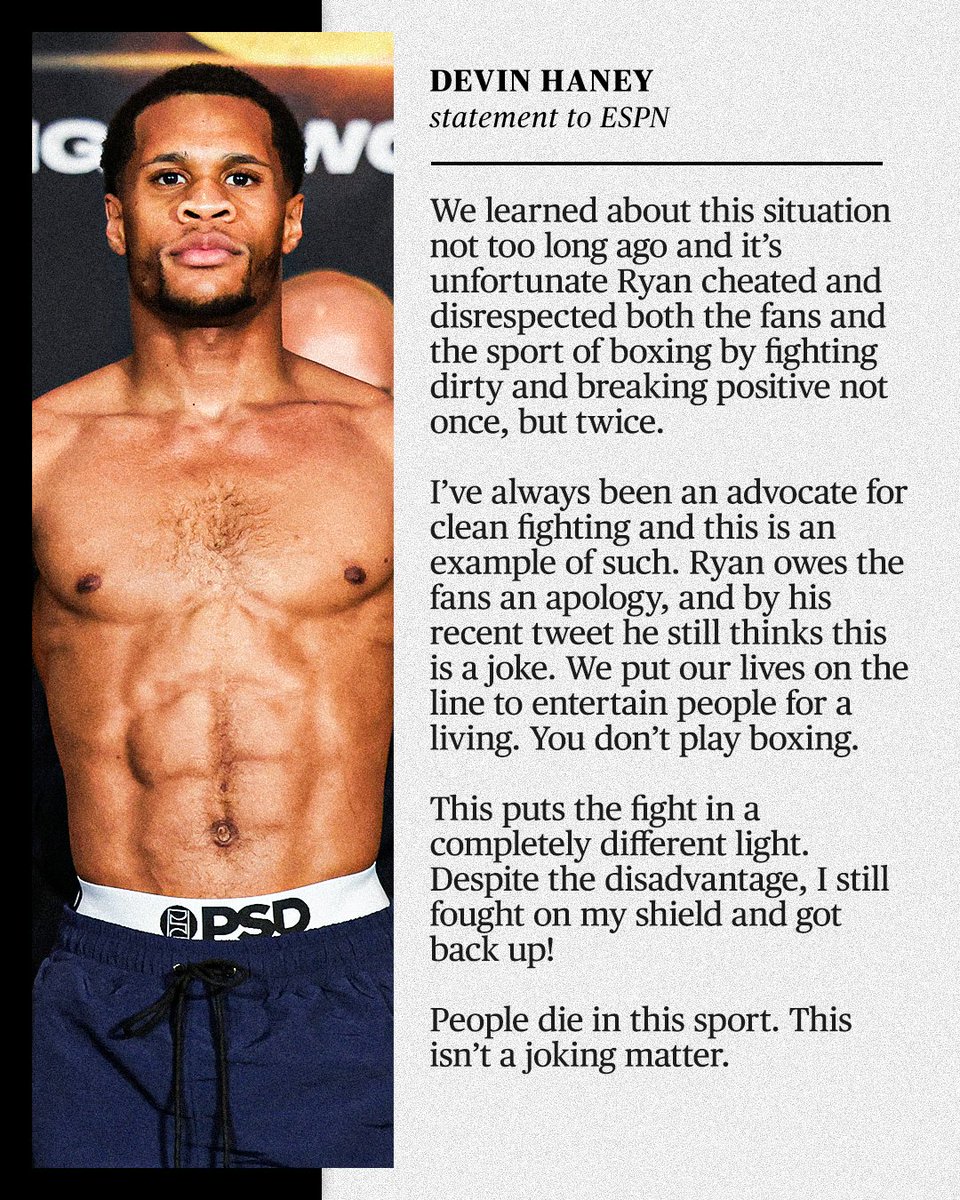 Devin Haney released a statement after Ryan Garcia tested positive for a performance-enhancing substance before and the day of their fight last month.