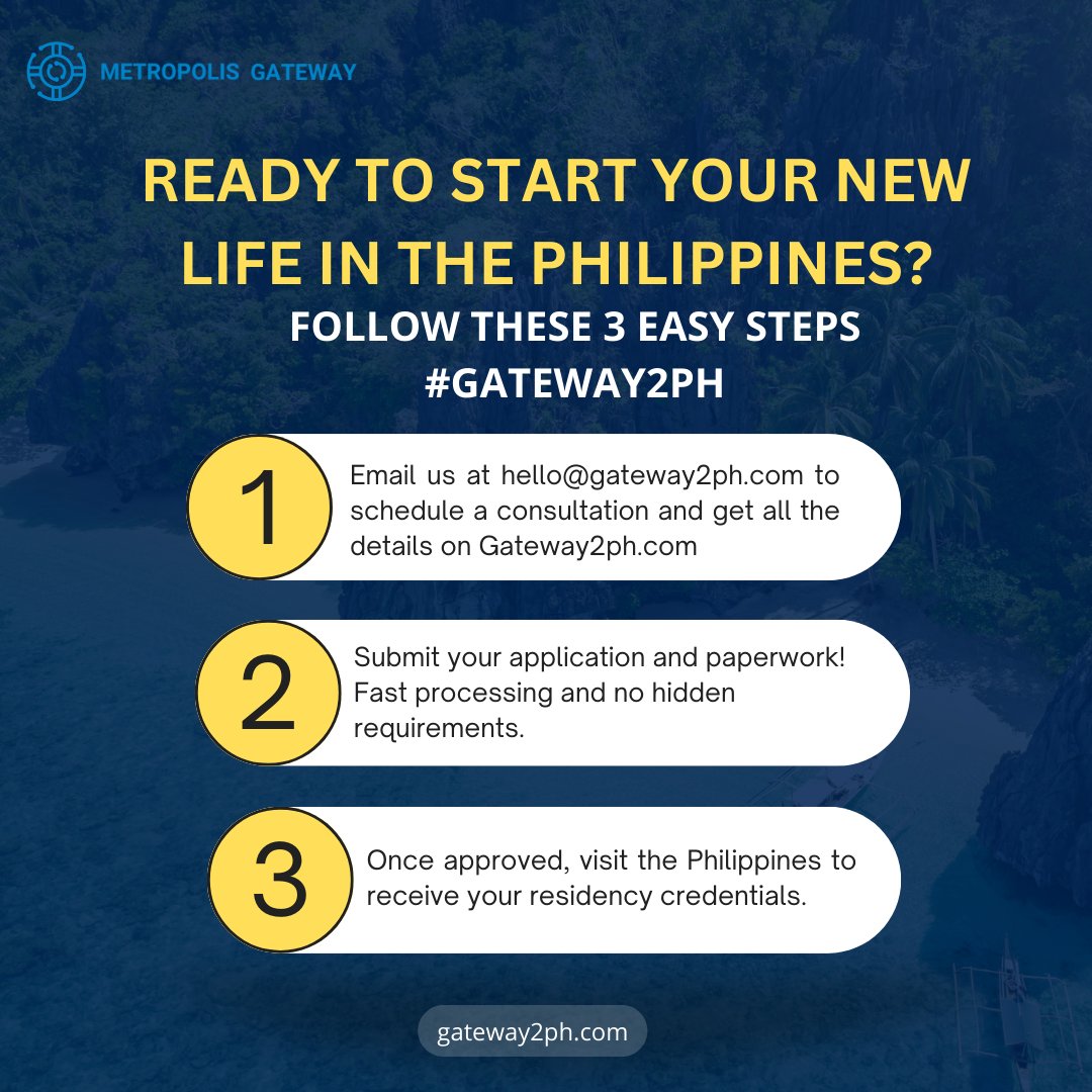 🇵🇭 Ready to start your new life in the Philippines? Here is a three-step #Gateway2PH journey:

Step 1 is just a consultation away! Email us at hello@gateway2ph.com to schedule yours and get all the details on #Gateway2PH. #ContactUs #ResidencyProgram 🌐

Step 2 of becoming a…