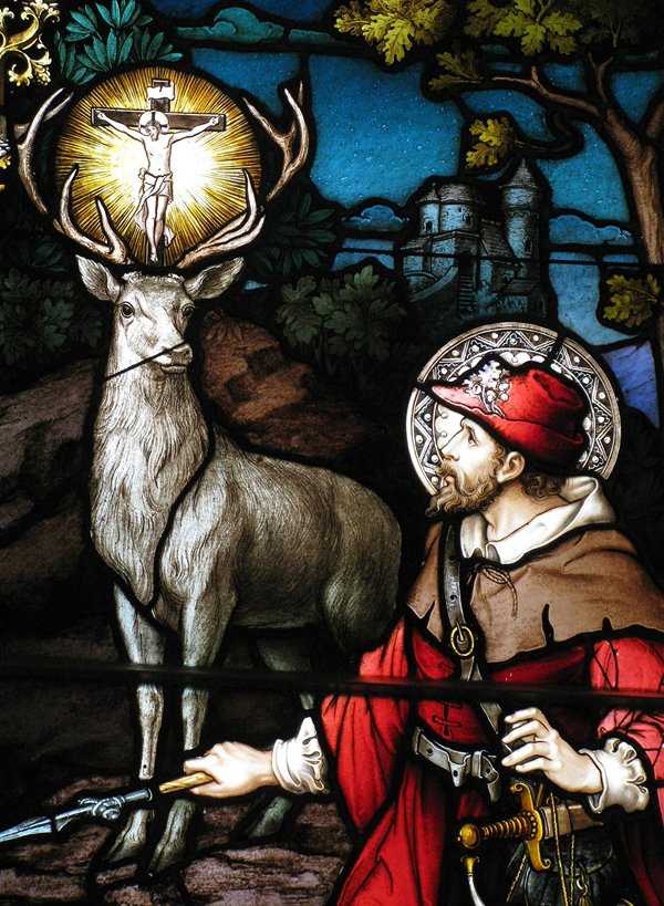 Saint Hubert also called the 'Apostle of the Ardennes'.  Who became the first bishop of Liège in 708 AD, patron saint of hunters, mathematicians, opticians and metalworkers.