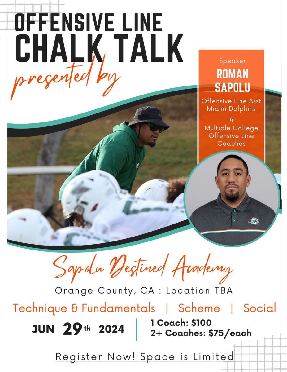 If you’re a front guy, check this out some great minds. Confirmed Speakers: Roman Sapolu – OL Miami Dolphins Mike Saffell – TE CAL Saga Tuitele – OL Arizona State Viane Talamaivao – OL Stanford Matt Smith – OL Fresno State